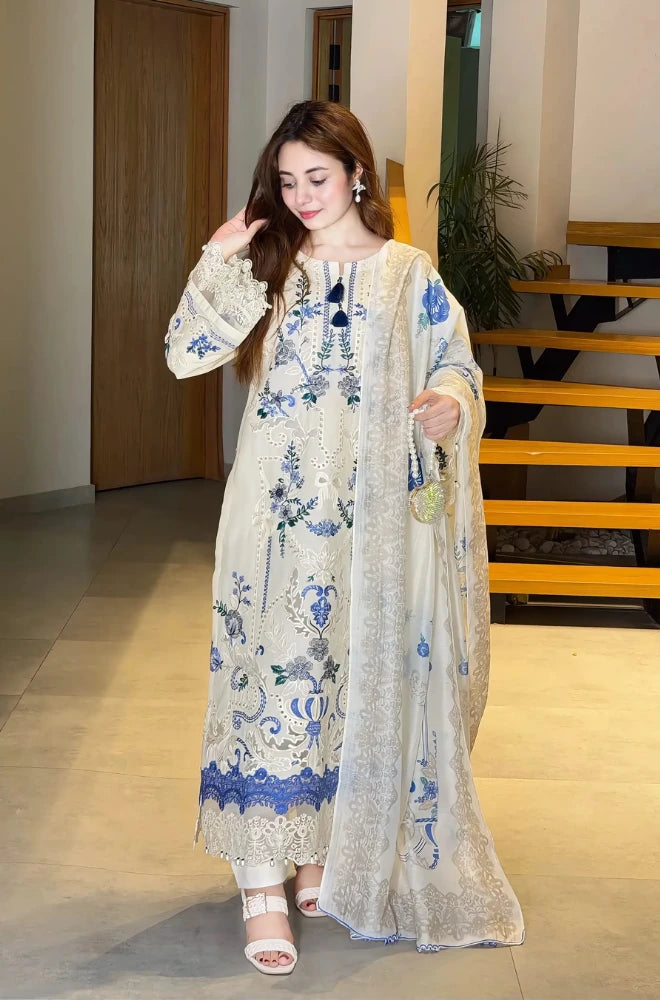 Preet Pret - 3PC Chikankari Embroidered Lawn Shirt With Monar Dupatta and Trouser - BFB01013