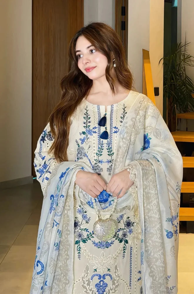 Preet Pret - 3PC Chikankari Embroidered Lawn Shirt With Monar Dupatta and Trouser - BFB01013