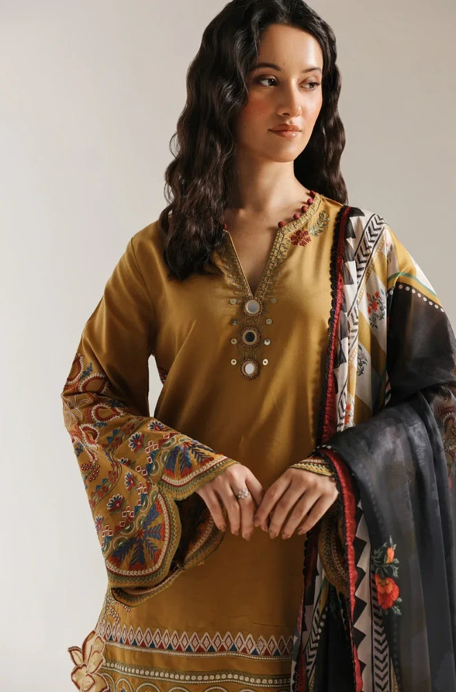 Safinaz - 3PC Dhanak Embroidered Shirt With Wool Printed Dupatta and Trouser - BFB01091