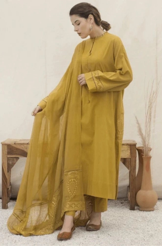 DYOT - 3PC Summer Lawn Embroidered Shirt with Chiffon Embroidered Dupatta and Trouser - BFB0787