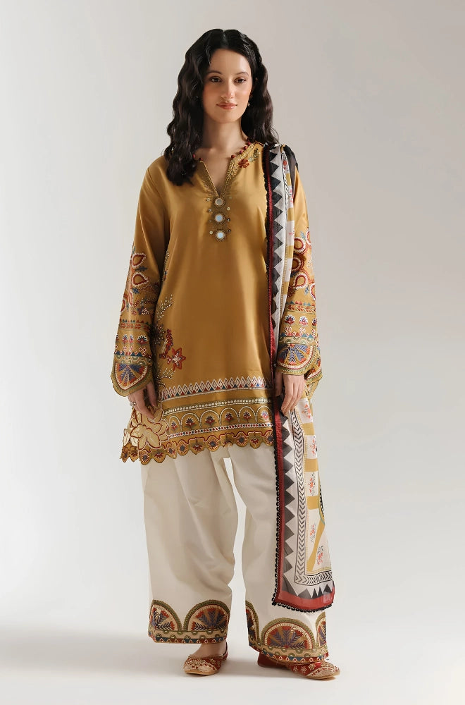 Safinaz - 3PC Dhanak Embroidered Shirt With Wool Printed Dupatta and Trouser - BFB01091