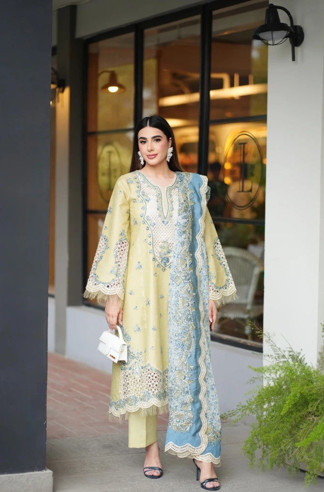 Aneelas - 3PC Embroidered Lawn Shirt With Chiffon Embroidered Dupatta and Trouser - BFB01015