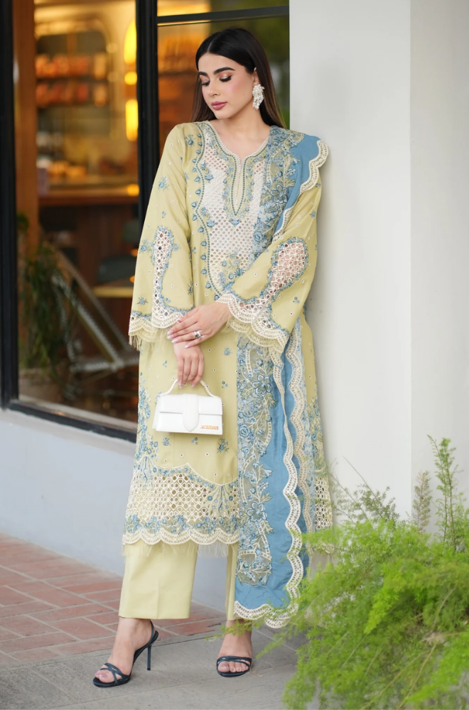 Aneelas - 3PC Embroidered Lawn Shirt With Chiffon Embroidered Dupatta and Trouser - BFB01015