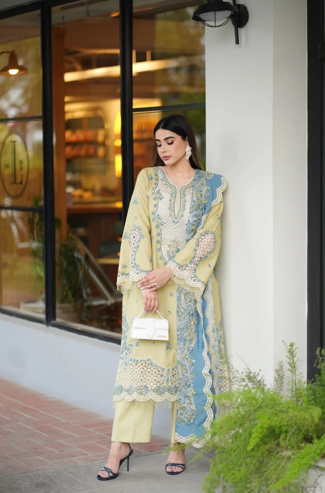Aneelas - 3PC Embroidered Lawn Shirt With Chiffon Embroidered Dupatta and Trouser - BFB01015