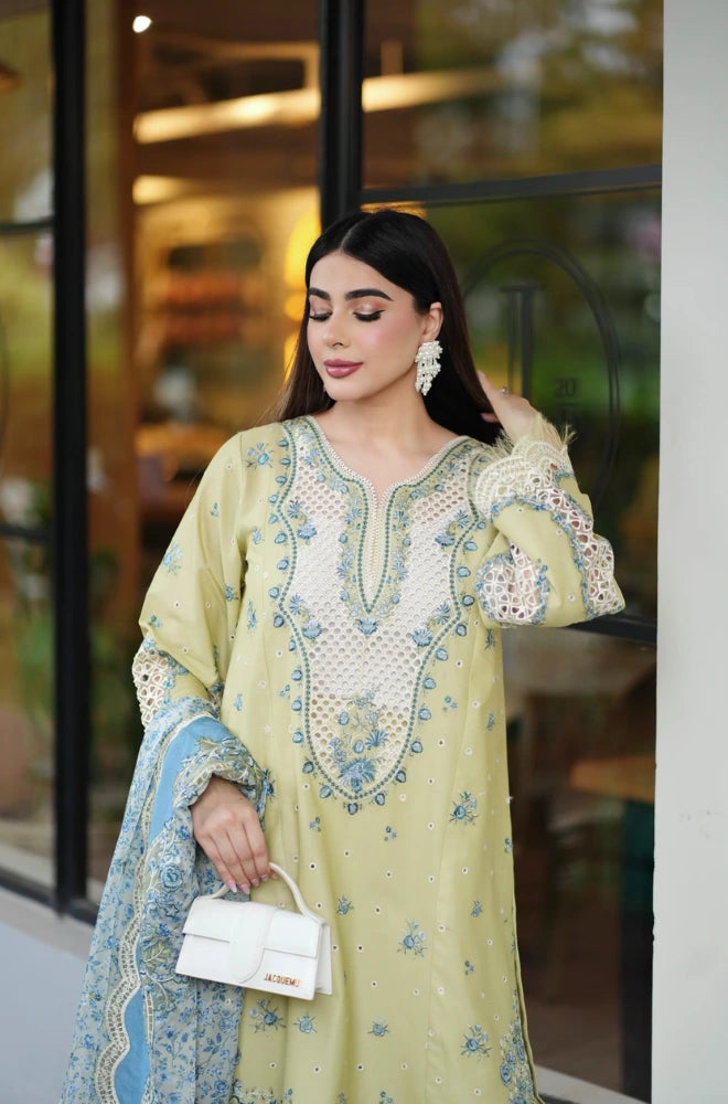 Aneelas - 3PC Embroidered Lawn Shirt With Chiffon Embroidered Dupatta and Trouser - BFB01015