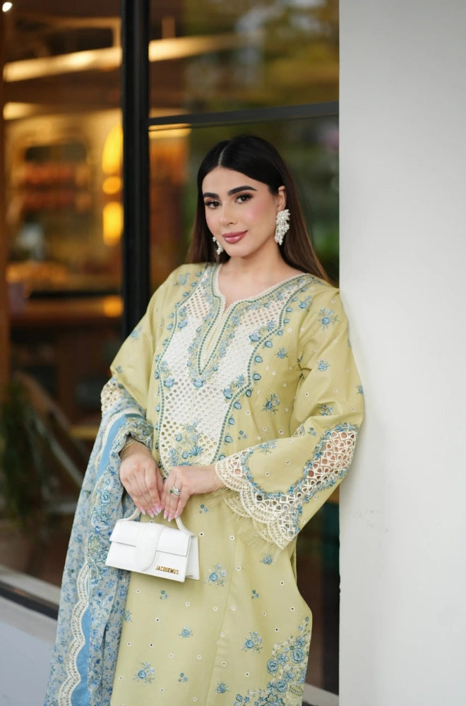 Aneelas - 3PC Embroidered Lawn Shirt With Chiffon Embroidered Dupatta and Trouser - BFB01015
