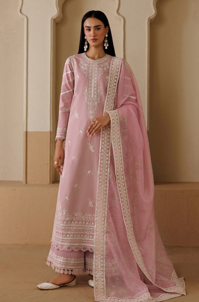 Emaan Adeel - 3PC Embroidered Lawn Shirt With Khadi Net Embroidered Dupatta and Trouser - BFB01016