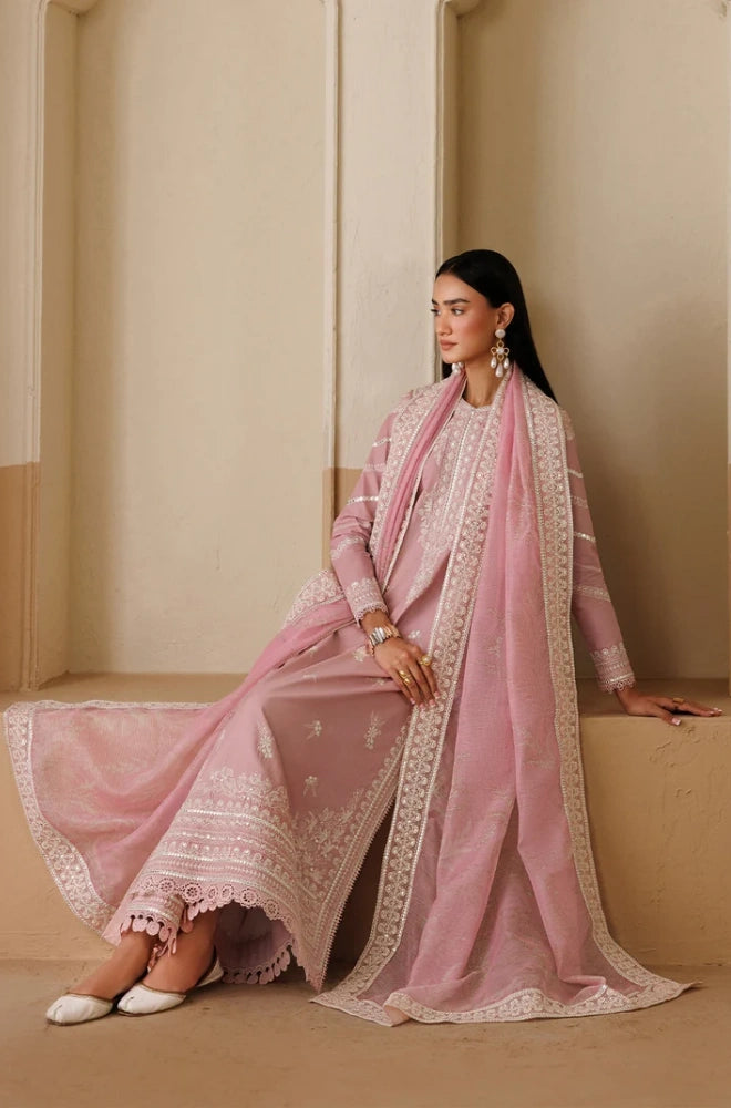 Emaan Adeel - 3PC Embroidered Lawn Shirt With Khadi Net Embroidered Dupatta and Trouser - BFB01016