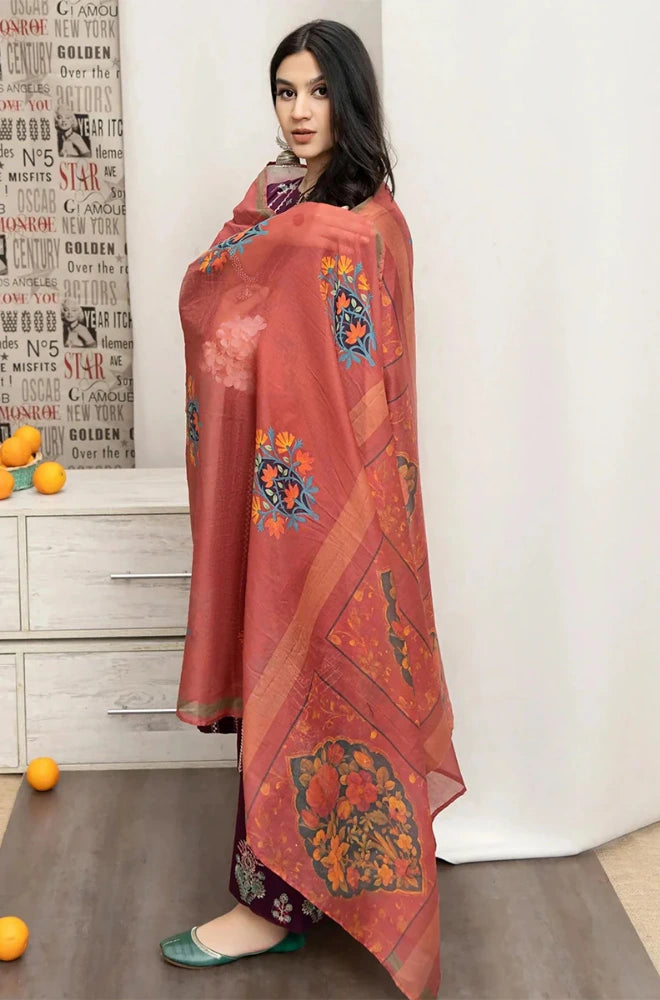 Urge - 3PC Dhanak Embroidered Shirt With Twill Printed Dupatta and Trouser - BFB0913