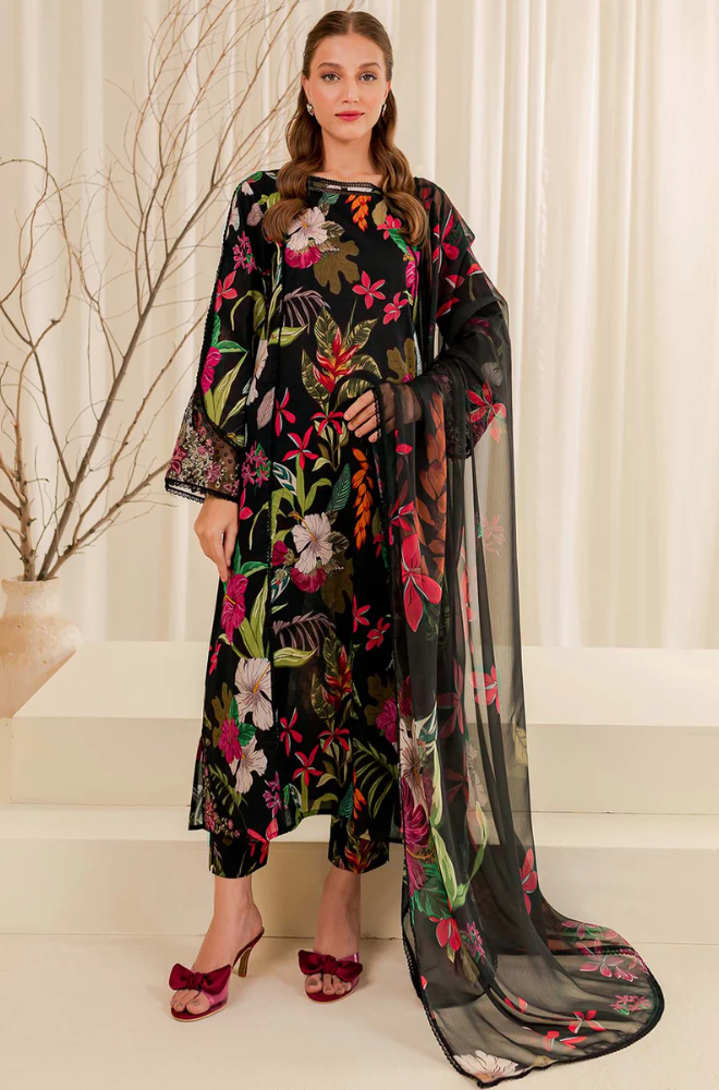 Baroque - Winter 3PC Black Khaddar Digital Printed Dress - BFU0457
