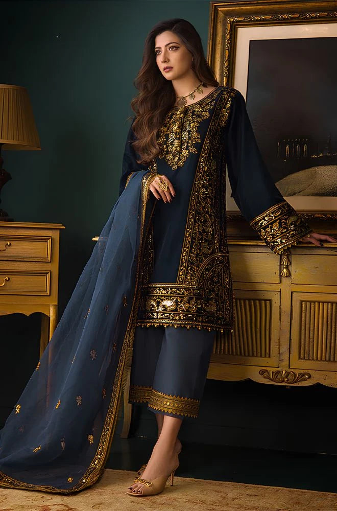 Asim Jofa - 3PC Velvet Embroidered Shirt With Organza Embroidered Dupatta and Trouser - BFB0929