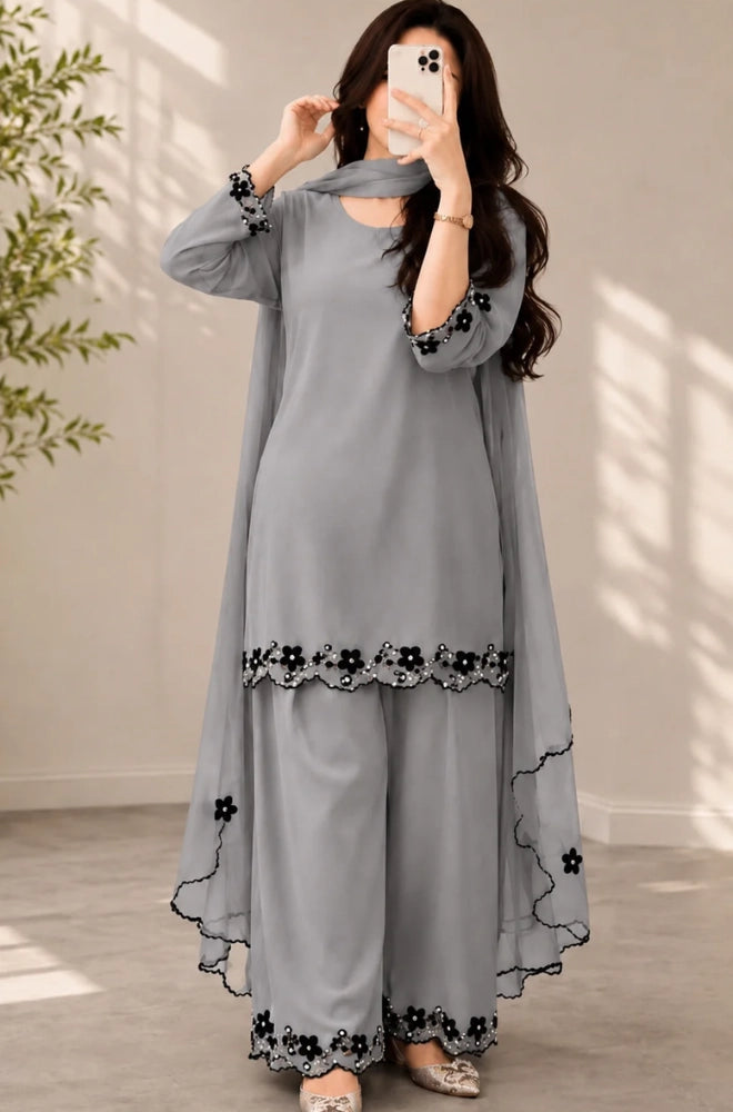BlueFery - 3PC Lawn Embroidered Shirt With Chiffon Embroidered Dupatta and Trouser - BFB0930