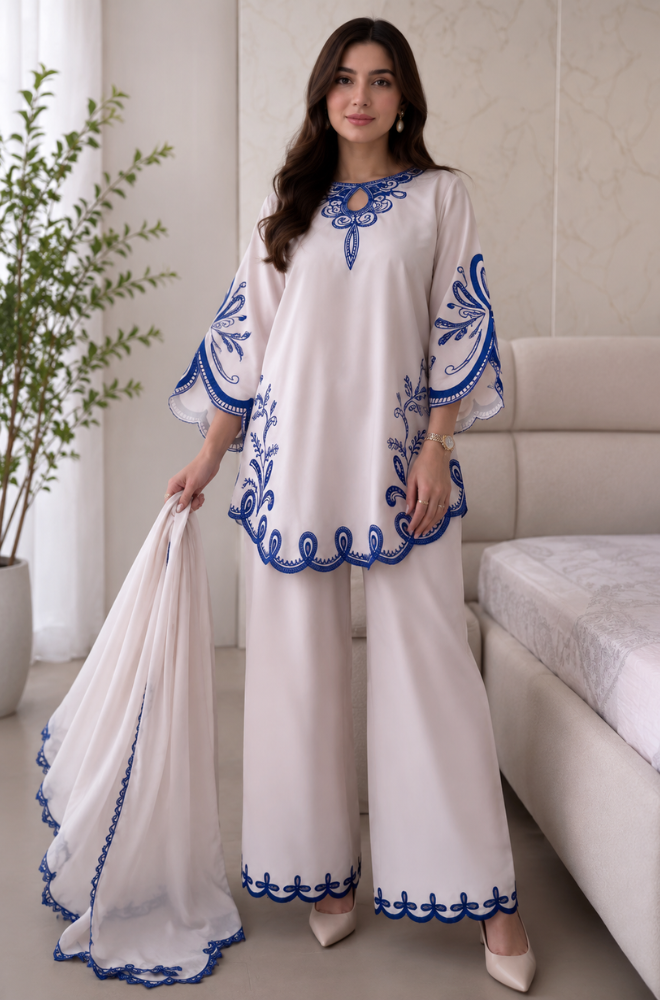 Bluefery - 3PC Embroidered Elegant White & Royal Blue Shamoz Silk Dress - BFB0925