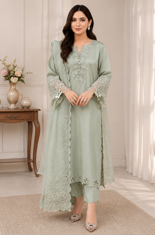 SAPPHIRE - 3PC Lawn Embroidered Shirt with Khadi Net Embroidered Dupatta and Trouser - BFS0016
