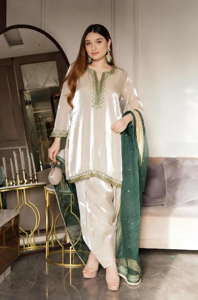 BlueFery - 3PC Silk Embroidered Shirt With Embroidered Dupatta and Trouser - BFB0009