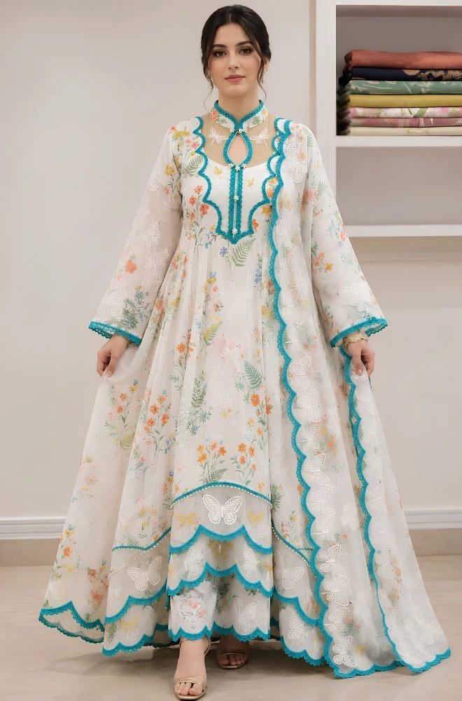 BlueFery - 3PC Lawn Printed Frock With Lawn Dupatta and Trouser - BFB0922