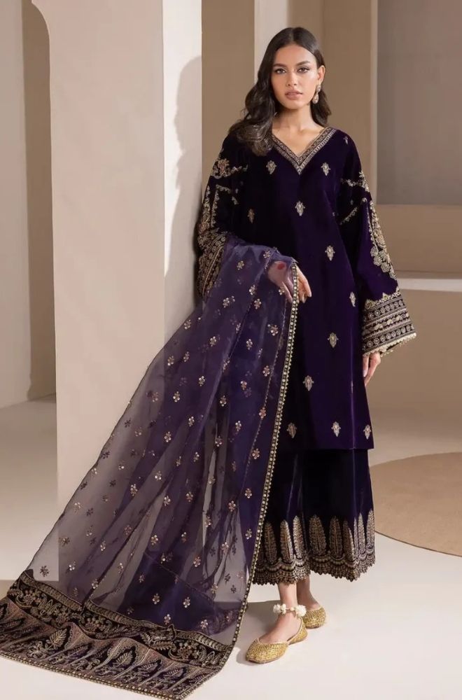 Boraque -Winter 3PC Velvet Embroidered Suit - BFB0461
