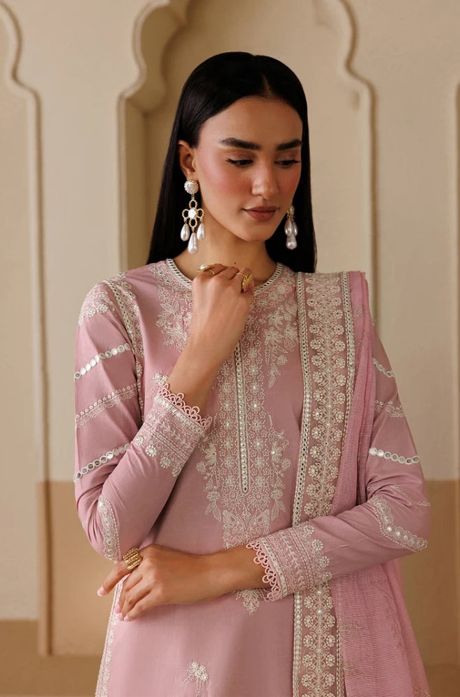 Emaan Adeel - 3PC Embroidered Lawn Shirt With Khadi Net Embroidered Dupatta and Trouser - BFB01016