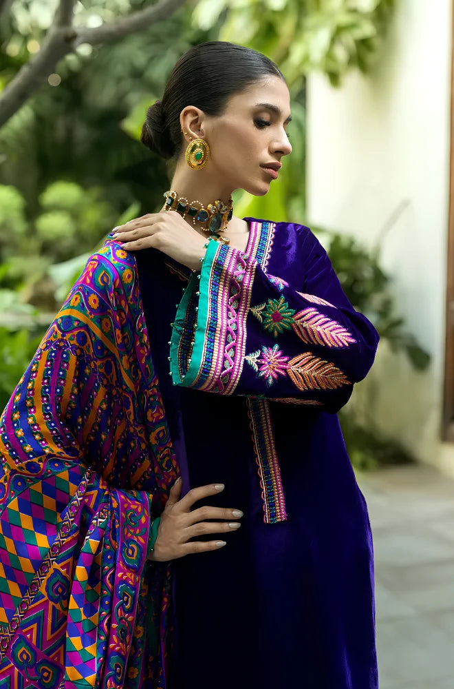 Charizma - 3PC Velvet Embroidered Shirt with Karandi Printed Dupatta and Trouser - BFB0925