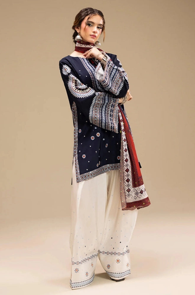 Ethnic - 3PC Dhanak Embroidered Shirt With Wool Printed Dupatta and Trouser - BFB0885