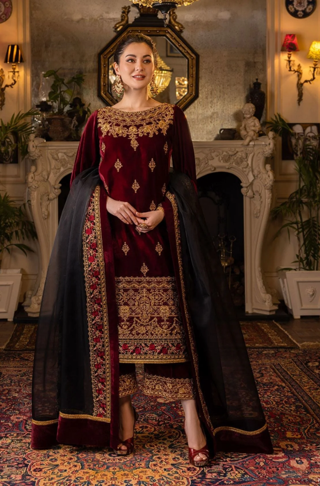 Asim Jofa - 3 Piece Velvet Embroidered Shirt With Organza Dupatta and Trouser - SB0165