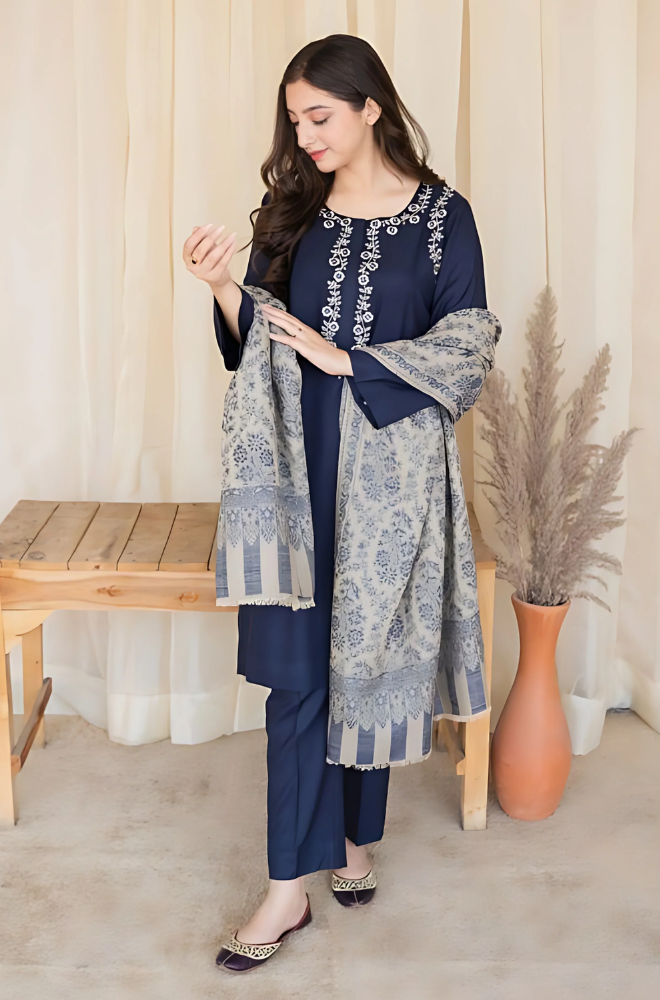 Asling - 3PC Dhanak Embroidered Suit - BFB0015