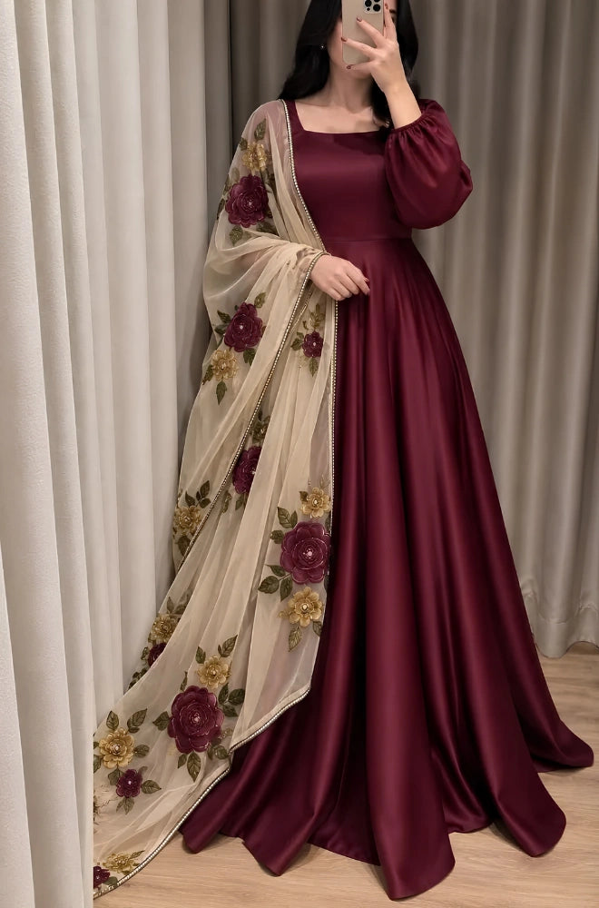 Bunaai - 3PC Silk Shirt With Net Embroidered Dupatta - BFT001
