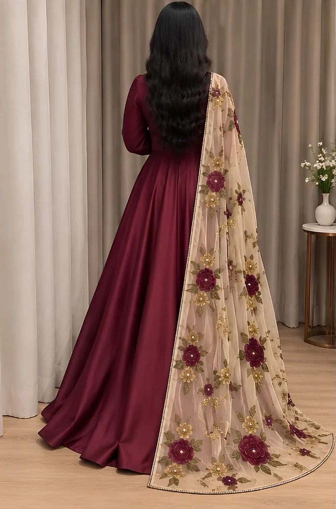 Bunaai - 3PC Silk Shirt With Net Embroidered Dupatta - BFT001