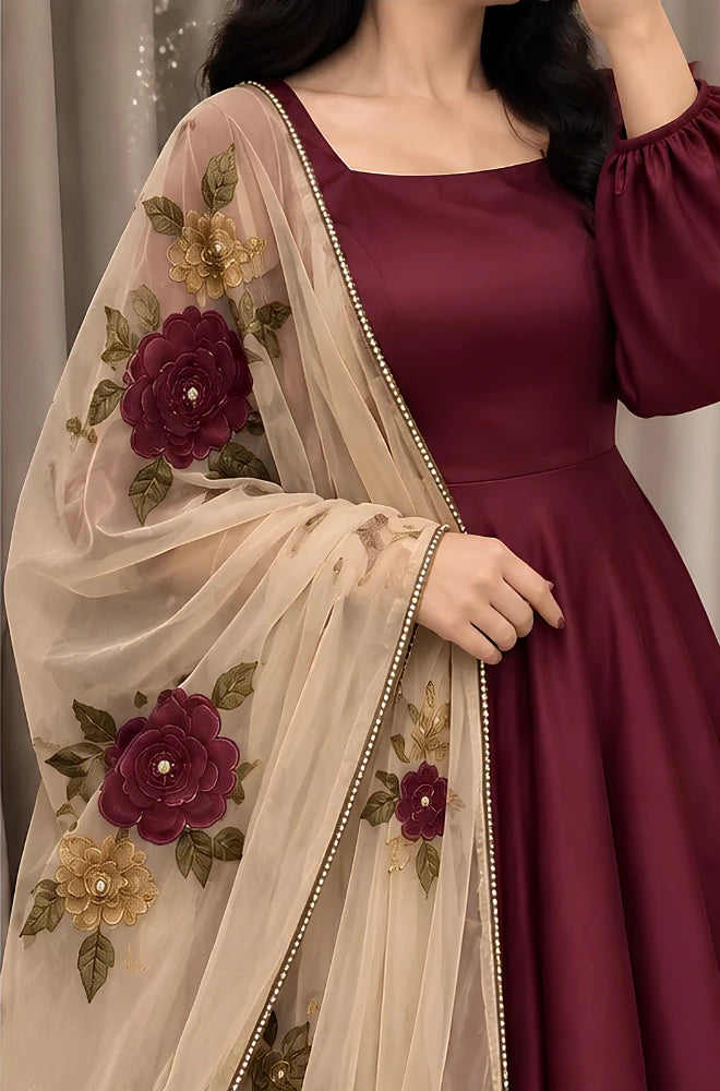 Bunaai - 3PC Silk Shirt With Net Embroidered Dupatta - BFT001