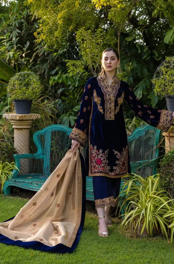Jazmin - 3PC Velvet Embroidered Shirt With Organza Embroidered Dupatta and Trouser - BFB01019