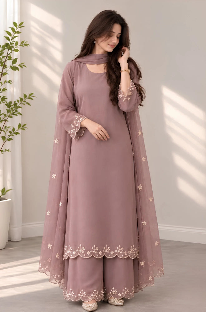 Winter 3PC Silk Embroidered Suit With Chiffon Dupatta - BFT005