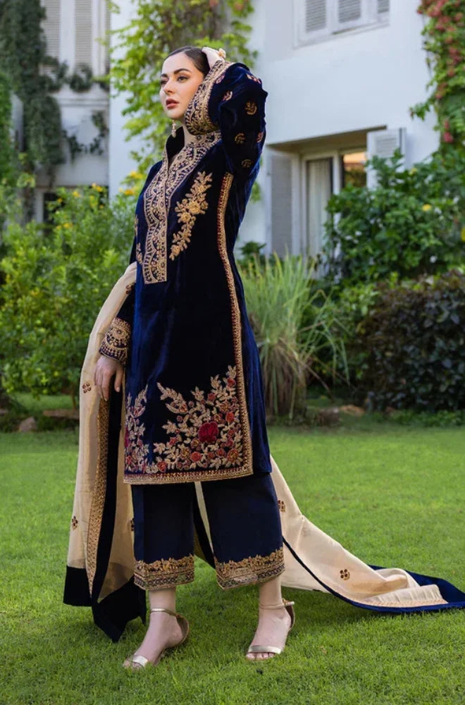 Jazmin - 3PC Velvet Embroidered Shirt With Organza Embroidered Dupatta and Trouser - BFB01019