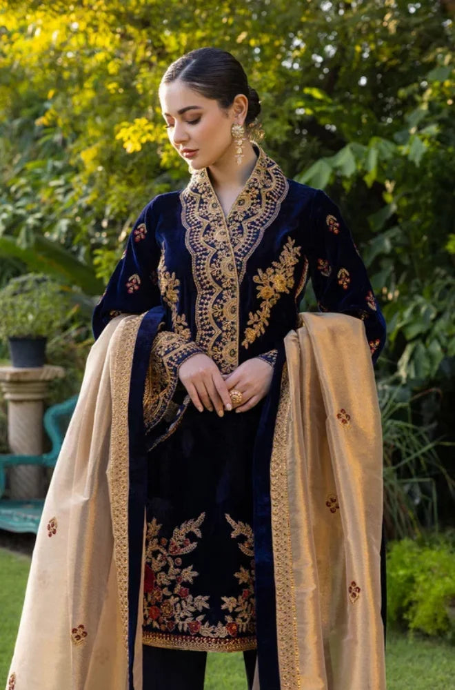 Jazmin - 3PC Velvet Embroidered Shirt With Organza Embroidered Dupatta and Trouser - BFB01019