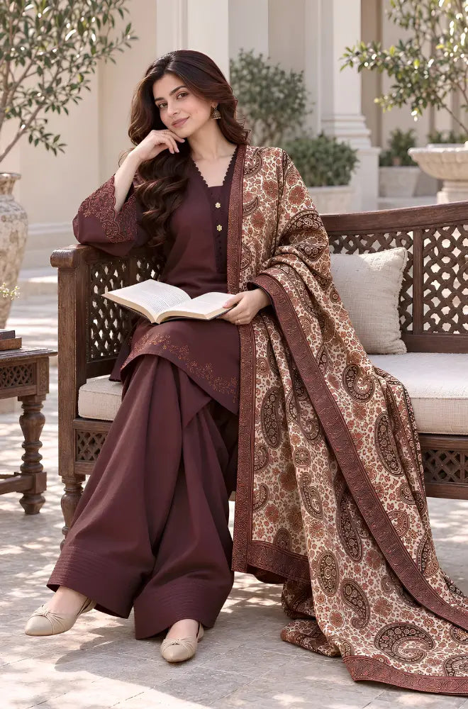 Sapphire - 3PC Dhanak Embroidered Shirt With Printed Dupatta and Trouser - BFT006