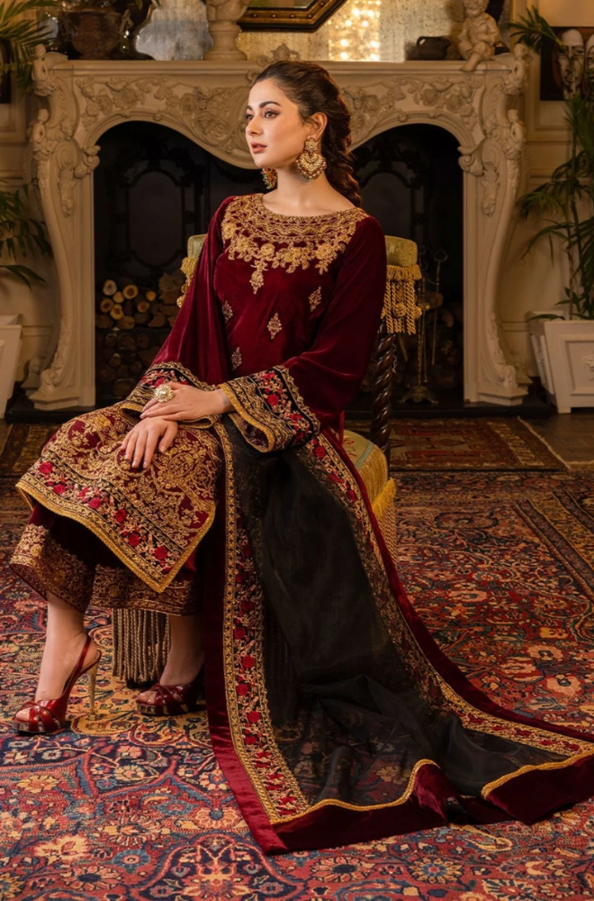 Asim Jofa - 3 Piece Velvet Embroidered Shirt With Organza Dupatta and Trouser - SB0165