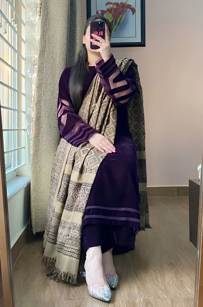 Azure - 3PC Velvet Shirt With Pashmina Printed Dupatta - BFT010
