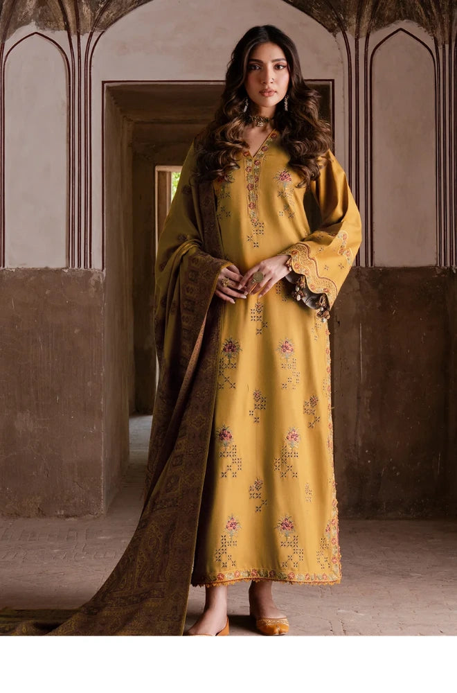 Izel - 3PC Dhanak Embroidered Shirt With Wool Printed Dupatta and Trouser - BFB01025