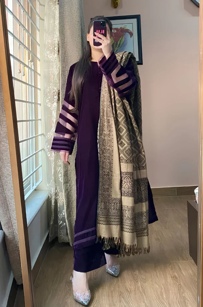 Azure - 3PC Velvet Shirt With Pashmina Printed Dupatta - BFT010