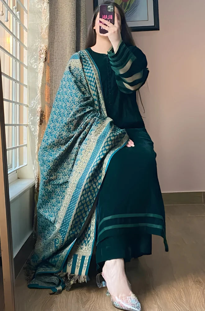 Azure - 3 Piece Velvet Dress With Pashmina Shawl - BFT009
