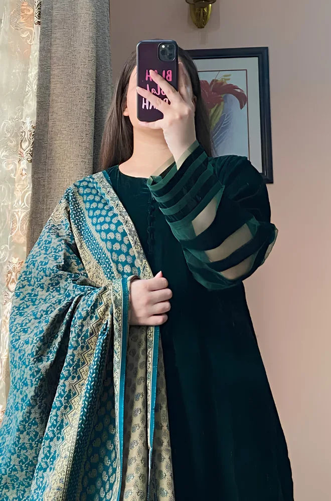 Azure - 3 Piece Velvet Dress With Pashmina Shawl - BFT009