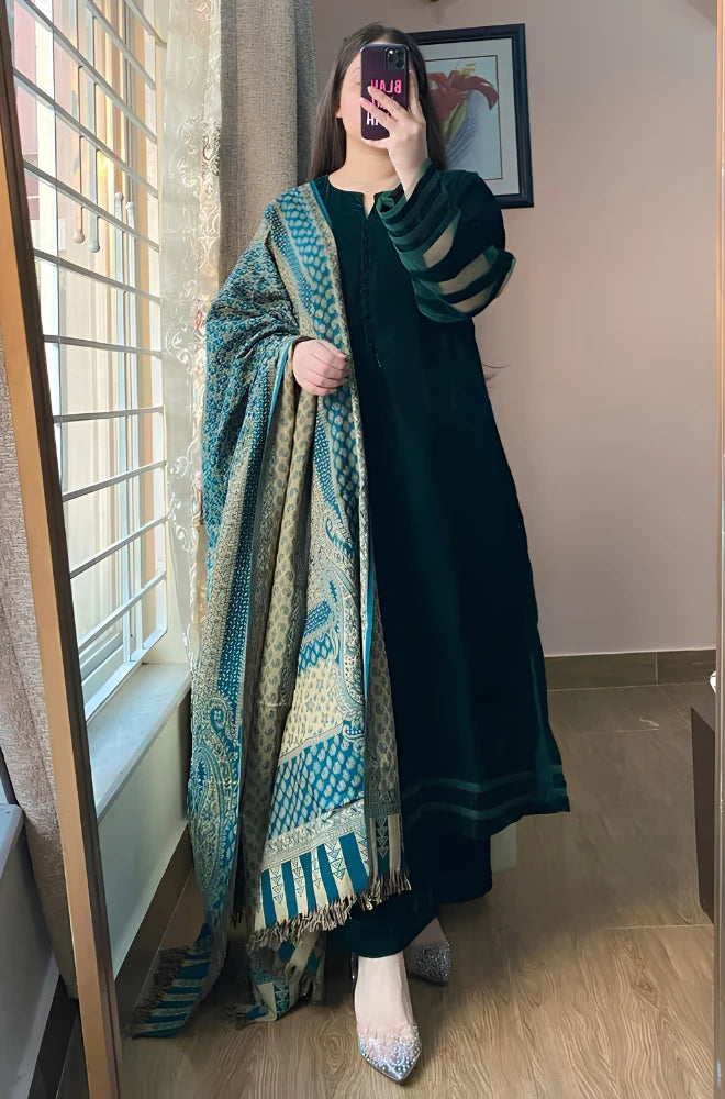 Azure - 3 Piece Velvet Dress With Pashmina Shawl - BFT009