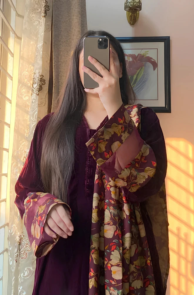 Azure - 3PC Velvet Suit With Printed Shawl - BFT008