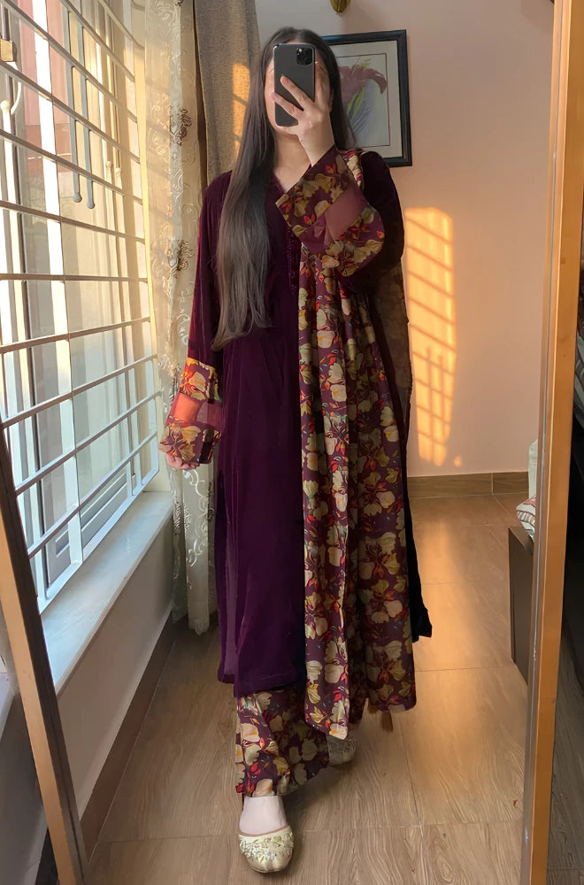 Azure - 3PC Velvet Suit With Printed Shawl - BFT008