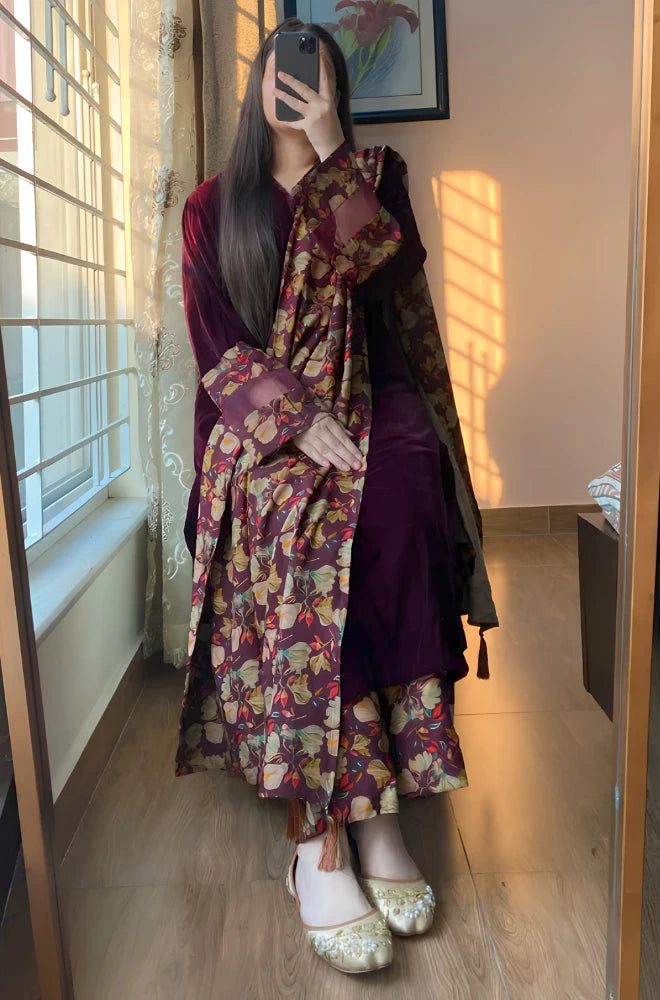 Azure - 3PC Velvet Suit With Printed Shawl - BFT008