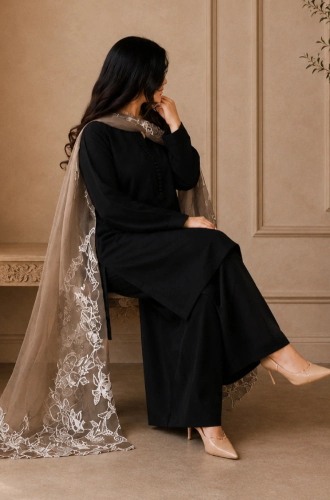 Bluefery - 3PC Silk Shirt With Organza Embroidered Dupatta - BFT004