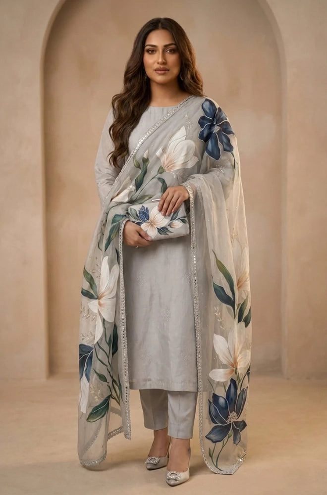 Bluefery - 3PC Lawn Shirt With Slub Net Printed Dupatta and Trouser - BFB01138