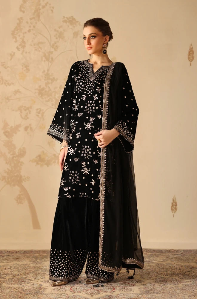 Baroque - 3PC Velvet Embroidered Shirt Wit Chiffon Embroidered Dupatta and Trouser - BFB01192