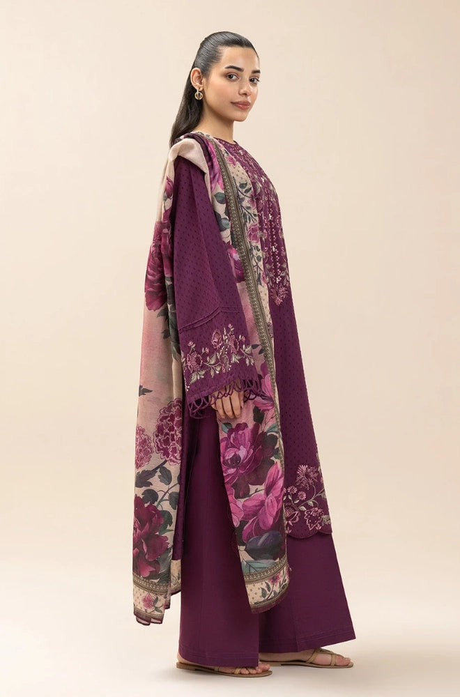 Beechtree - 3PC Dhanak Embroidered Shirt With Silk Printed Dupatta and Trouser - BFB01030