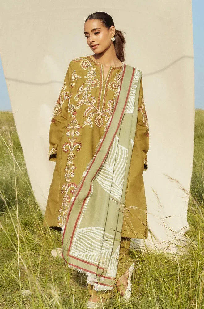 Zara - 3PC Dhanak Embroidered Suit For Women - BFB01114