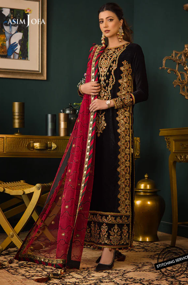 Asim Jofa - 3PC Velvet Embroidered Shirt With Organza Embroidered Dupatta and Trouser - BFU0563